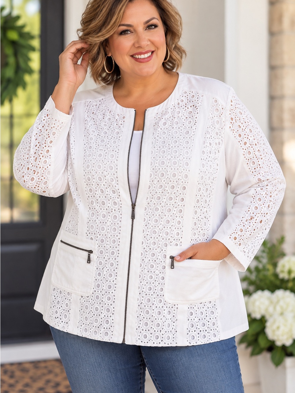 Jessica London Eyelet Jacket Size 26W White Lace Zip Front Stretch Cotton